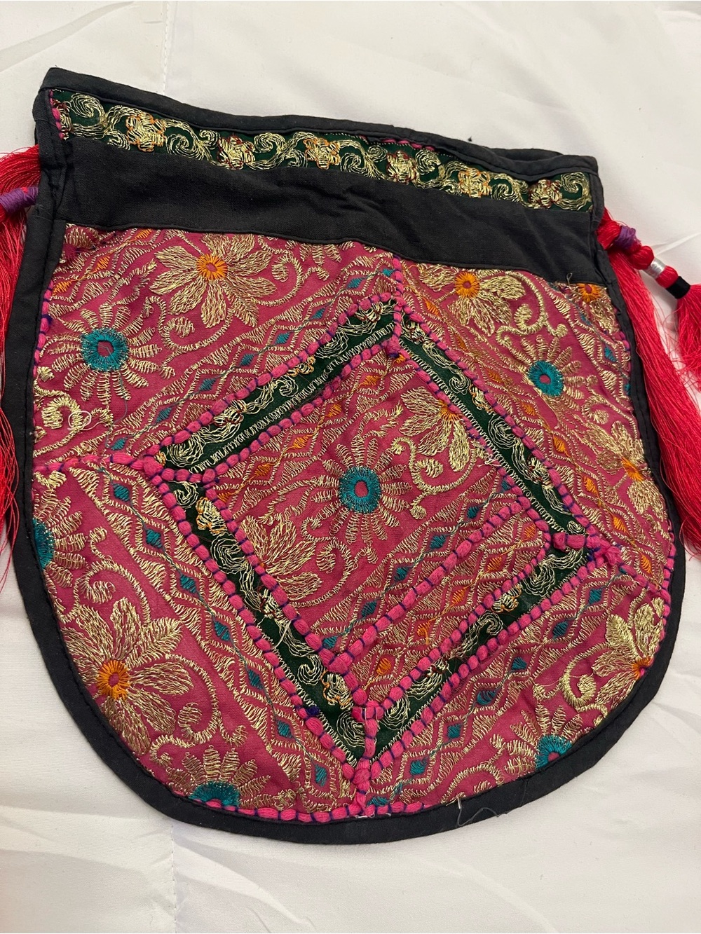 Handmade Embroidered Tassel Boho Crossbody Bag Pink Gold Festival Artisan - Picture 4 of 8